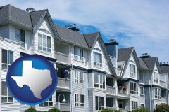 texas map icon and a residential apartment building